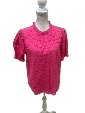 Nwt j Crew Hot Pink Eyelet lace ruffle Neck cotton short sleeve Blouse medium